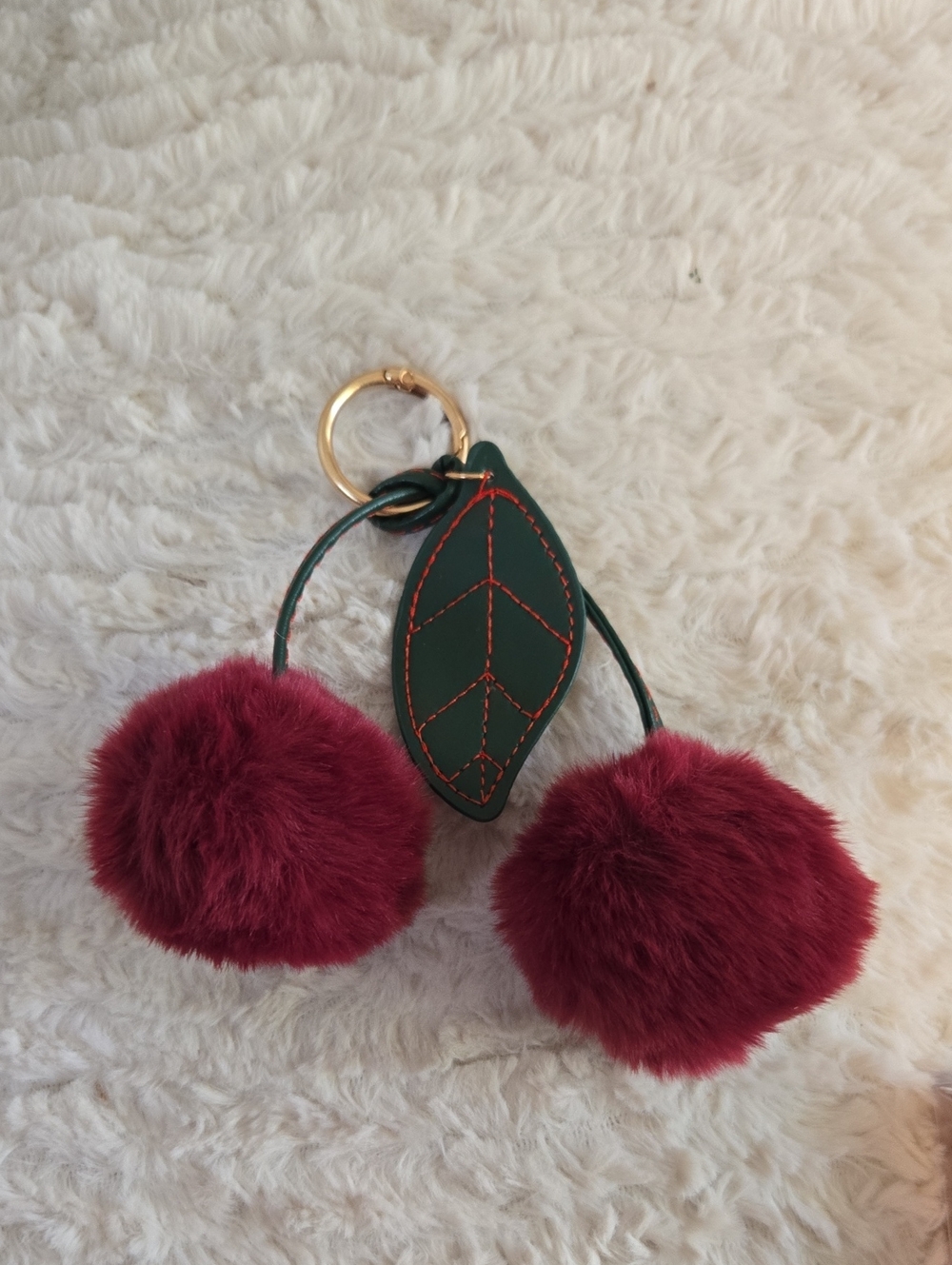 Plum Pom Cherry Keychain with Green Leaf Accent
